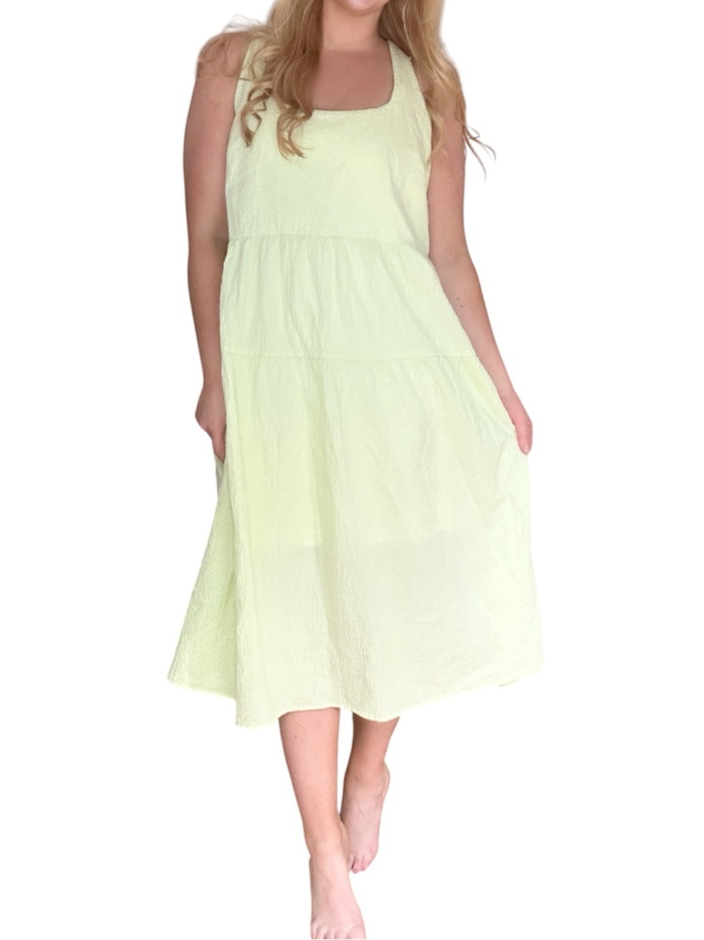 Ava & Viv Dress Women 1X Green Yellow Plus Size Adjustable Sleeveless Tie Back